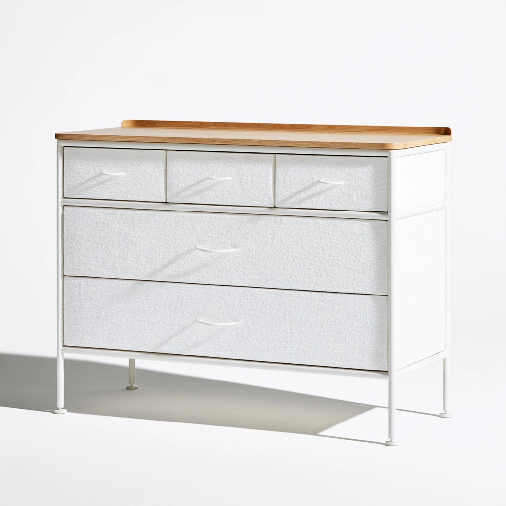 Ladekast met stoffen bekleding, met vijf lades, kleur wit en lichtbruin