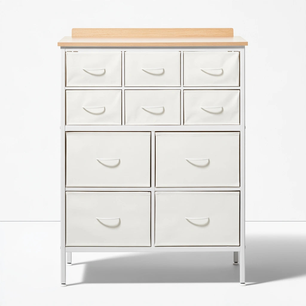 Ladekast met stoffen bekleding, met vijf lades, kleur wit en lichtbruin