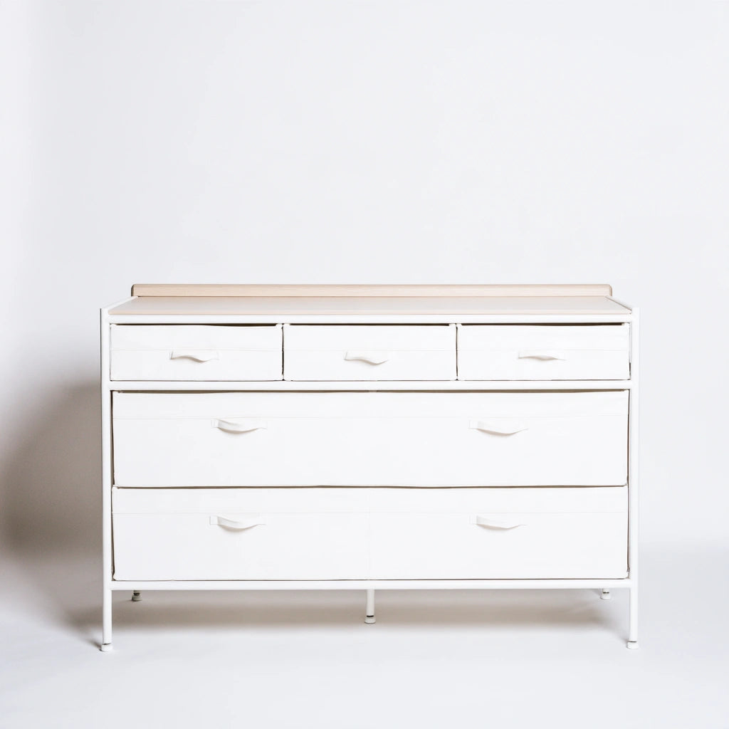 Ladekast met stoffen bekleding, met vijf lades, kleur wit en lichtbruin